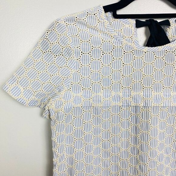 J. Crew Size 2 Blue & White Striped Seersucker Eyelet Tie Back Blouse Top - Picture 7 of 10